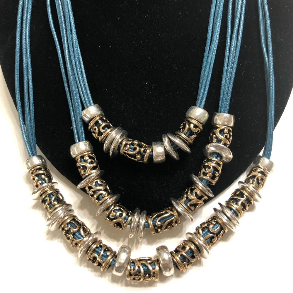 Silver beads and turquoise cord necklace